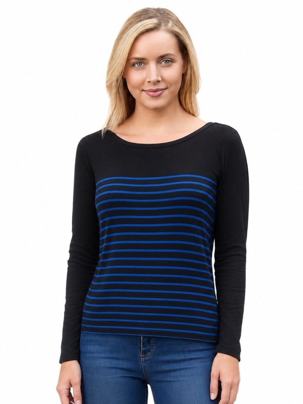 Max Studio Black & Blue Striped Knit Sweater/Button Shoulder Detail